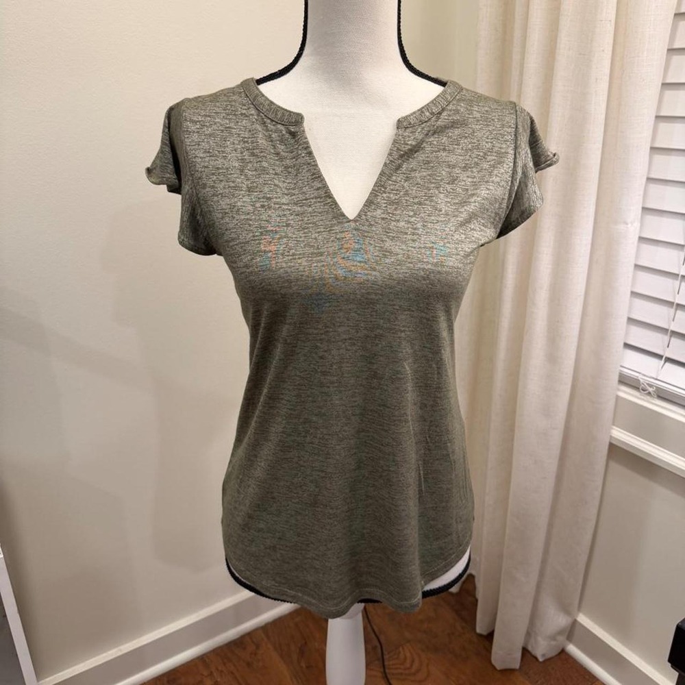 White House Black Market Olive Green Heathered Split Neck Flutter Sleeve Top XS